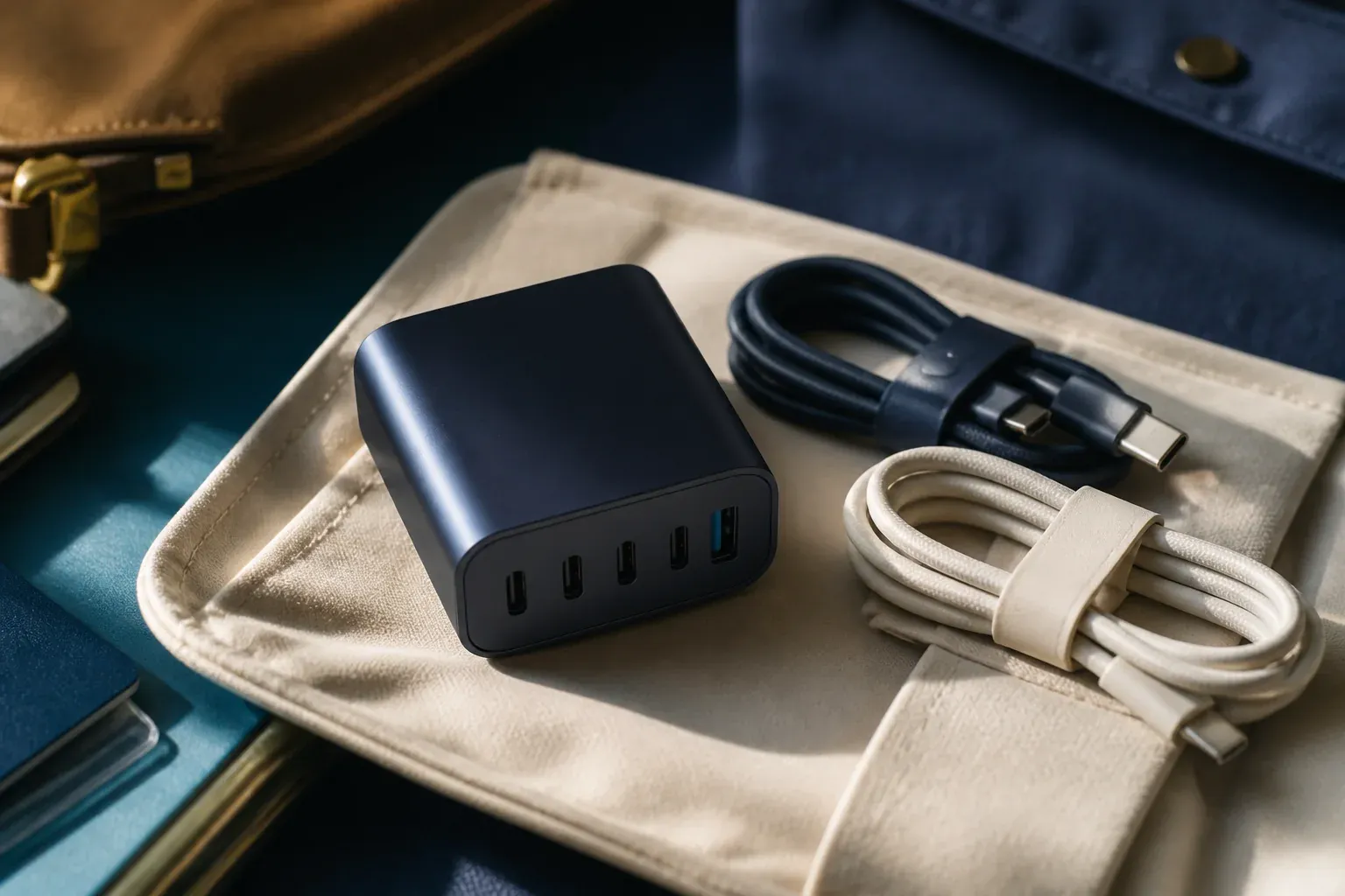Un cargador de varios puertos USB-C y dos cables recogidos, sobre la funda de tela de una bolsa de viaje.