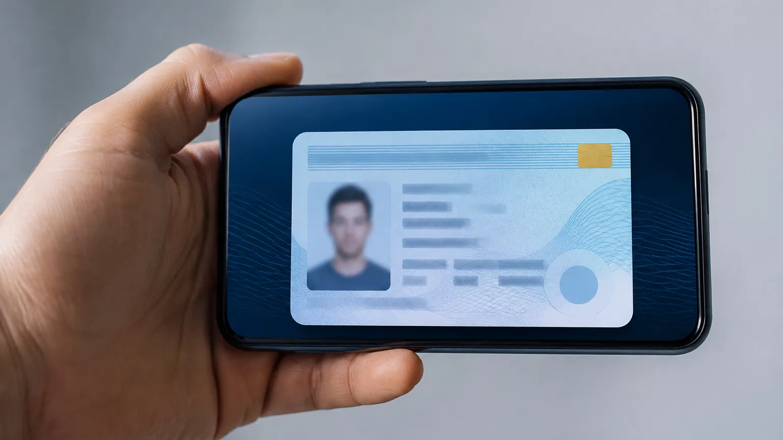 Una mano sostiene un móvil que muestra un documento de identidad digital en la pantalla