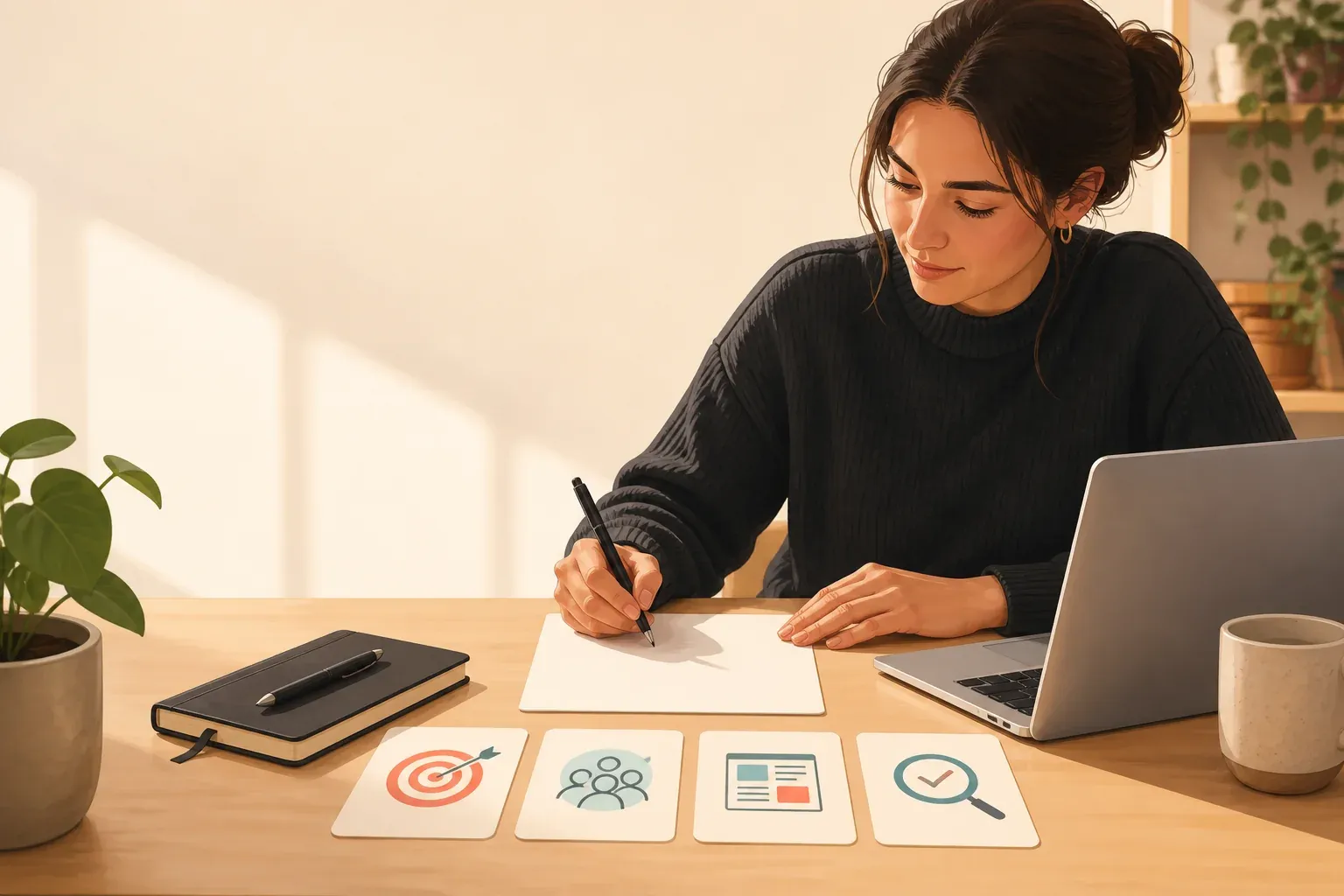 Una mujer escribe a mano junto a cuatro tarjetas con iconos de objetivo, destinatario, formato y comprobación.