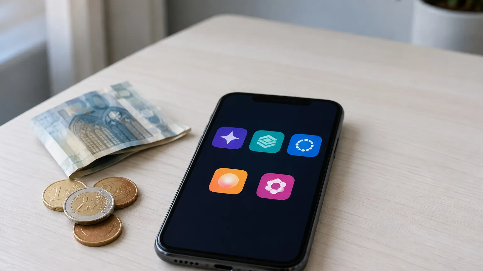 Un móvil sobre una mesa con cinco iconos de aplicaciones de inteligencia artificial, junto a unas monedas y un billete de euro