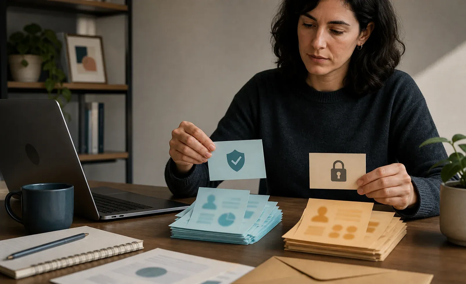 Una mujer separa en dos montones unas fichas con datos personales: unas marcadas con un escudo y otras con un candado.
