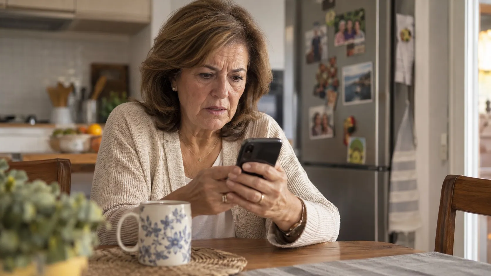 Una mujer de unos sesenta años, sentada a la mesa de su cocina con una taza de café, mira el móvil con gesto de duda; al fondo, un frigorífico con fotos de familia sujetas con imanes.