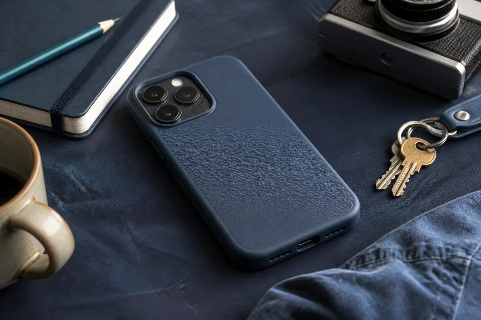 Un móvil protegido con una funda de tela azul, junto a unas llaves, una libreta y una cámara sobre una tela azul.