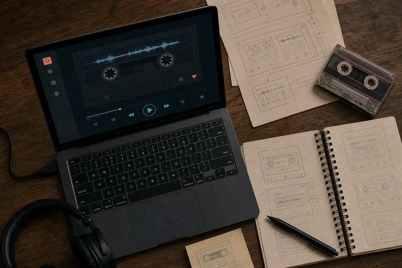 Un portátil muestra un reproductor de música con forma de casete, rodeado de bocetos a lápiz de esa misma pantalla, una cinta de casete y unos auriculares.