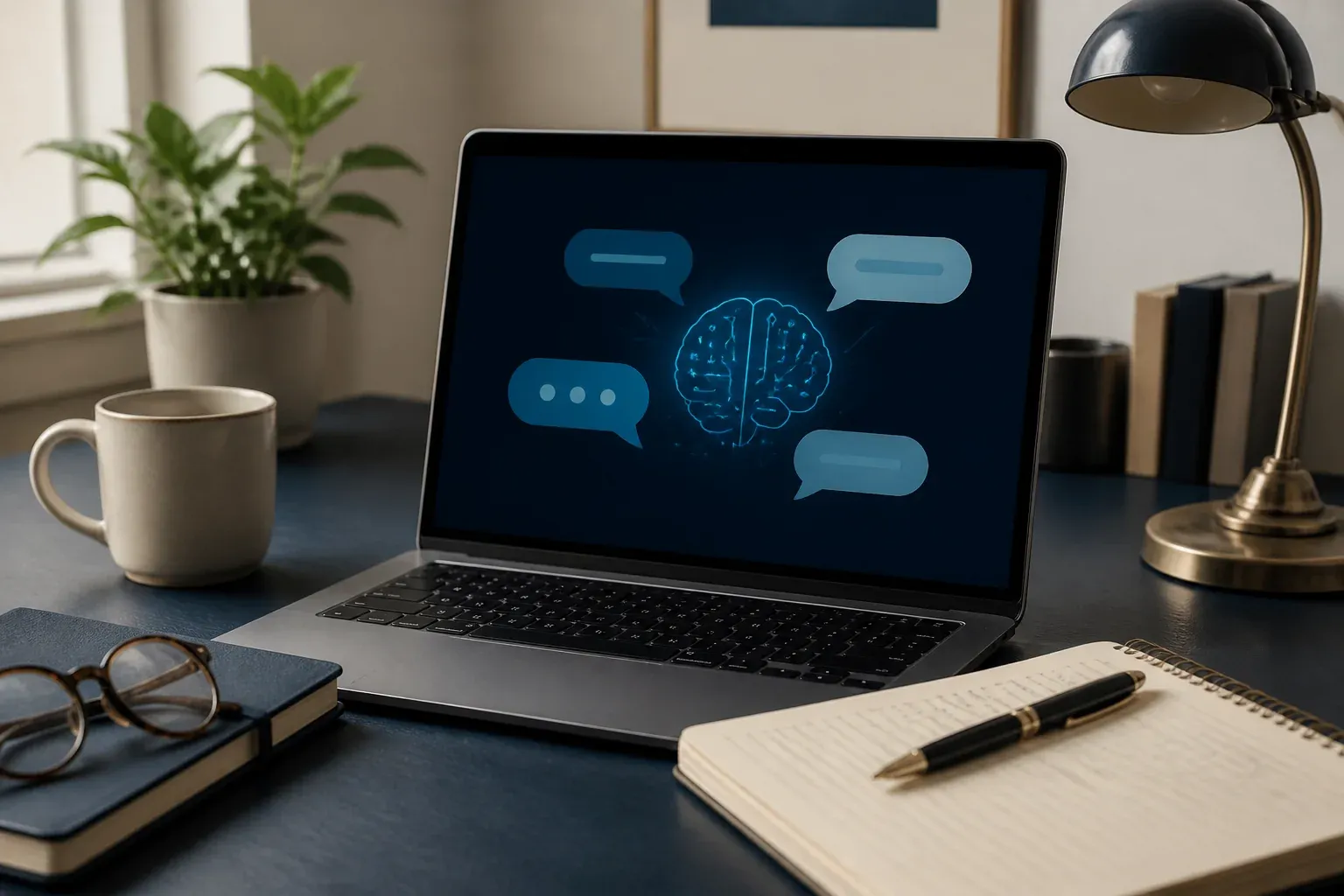 Un portátil abierto sobre un escritorio muestra un cerebro luminoso rodeado de bocadillos de conversación.