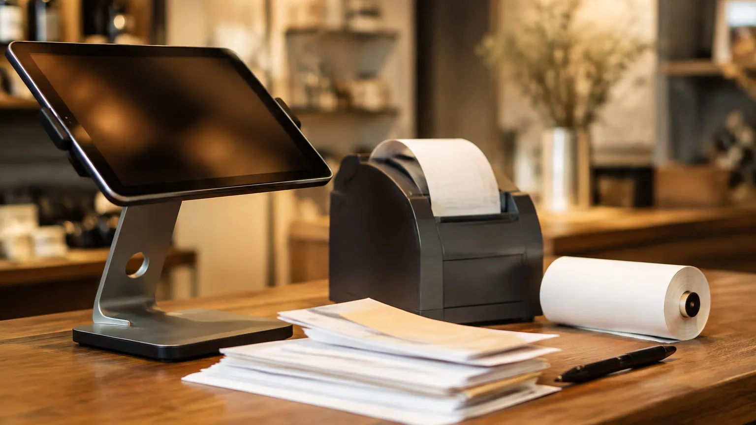 El mostrador de un negocio con un terminal de punto de venta, una impresora de tickets y un montón de facturas en papel