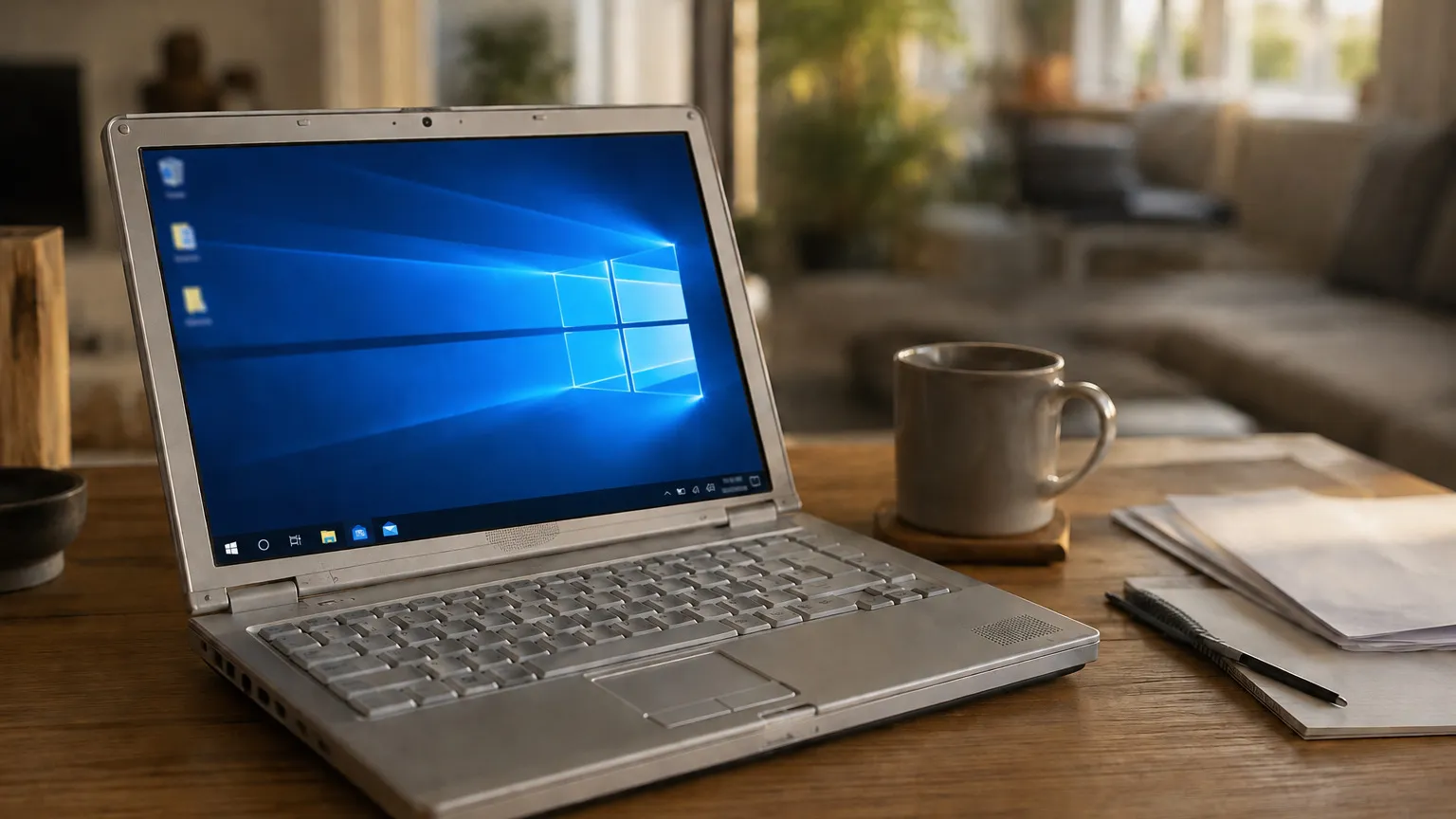Un portátil abierto sobre una mesa de madera con el escritorio de Windows 10 en la pantalla